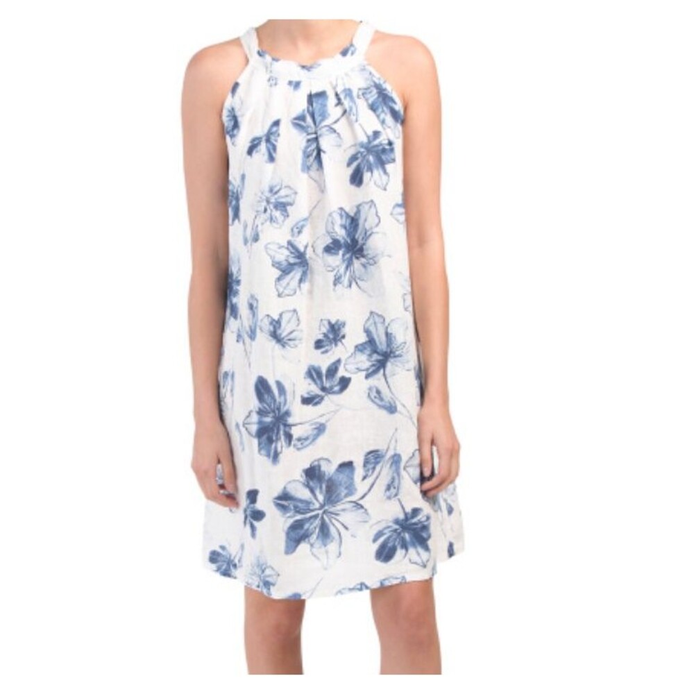 Bellambra Women's Linen Made In Italy Halter Dress White Blue Floral Size XS